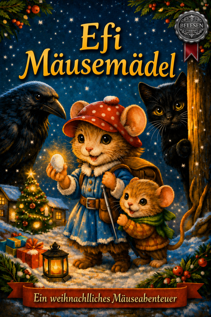Efi das Mäusemädel mit kleiner Maus im winterlichen Wald mit Laterne und Geschenken – Kinderbuch Szene