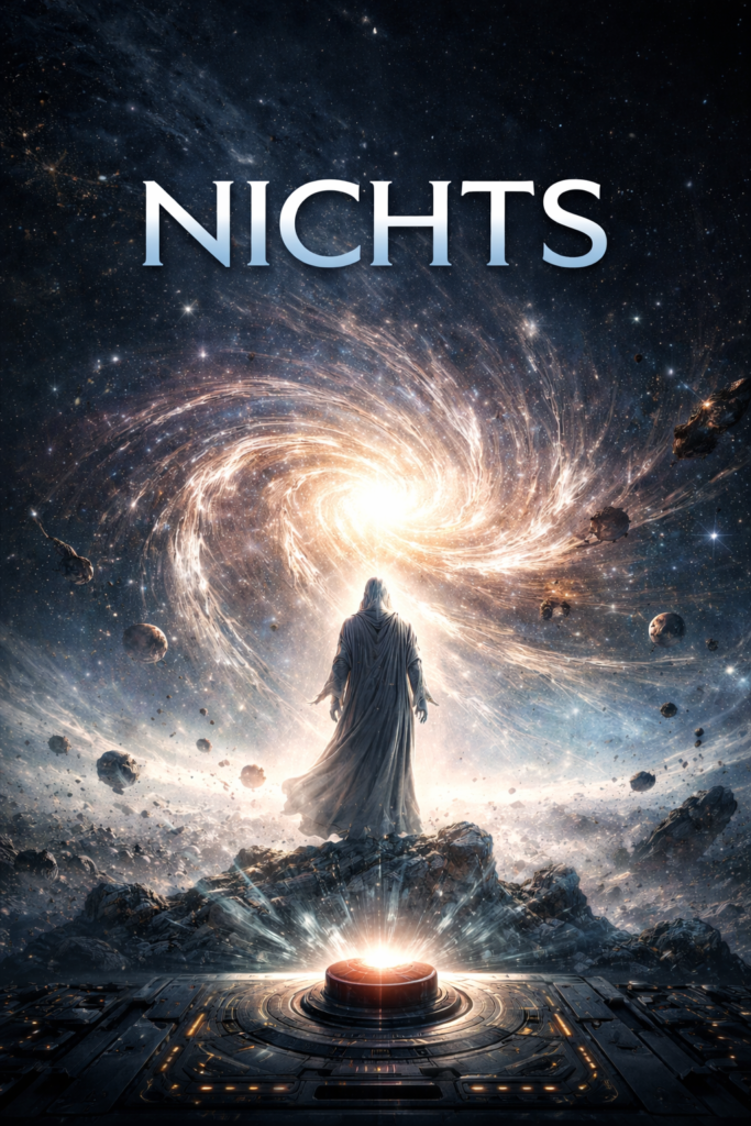 Nichts – mystische Gestalt steht vor leuchtendem Zentrum des Universums in einer philosophischen Fantasy Szene