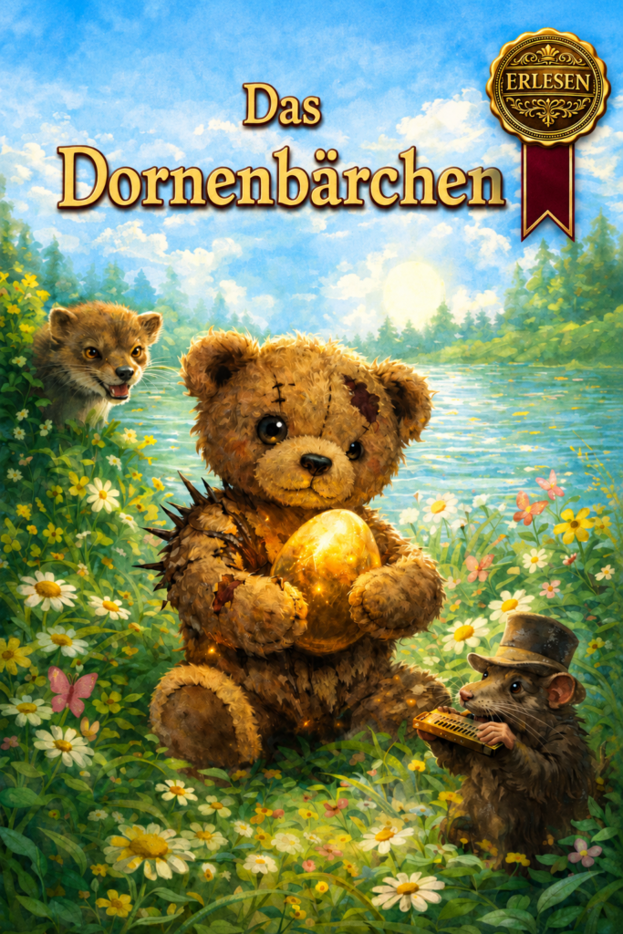 Das Dornenbärchen sitzt mit einem goldenem Ei auf einer Blumenwiese in einer märchenhaften Waldszene