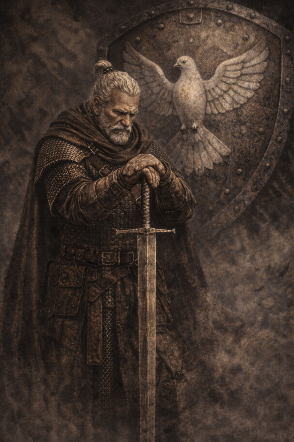 Lothar, ein alter Ritter mit Schwert, steht vor einem Schild mit Taubensymbol in dunkler Fantasy-Atmosphäre.