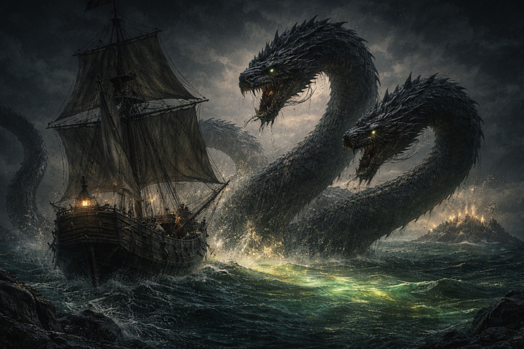 Eine mehrköpfige Hydra greift ein Segelschiff auf stürmischer See an, während im Hintergrund Sirenen zu sehen sind.