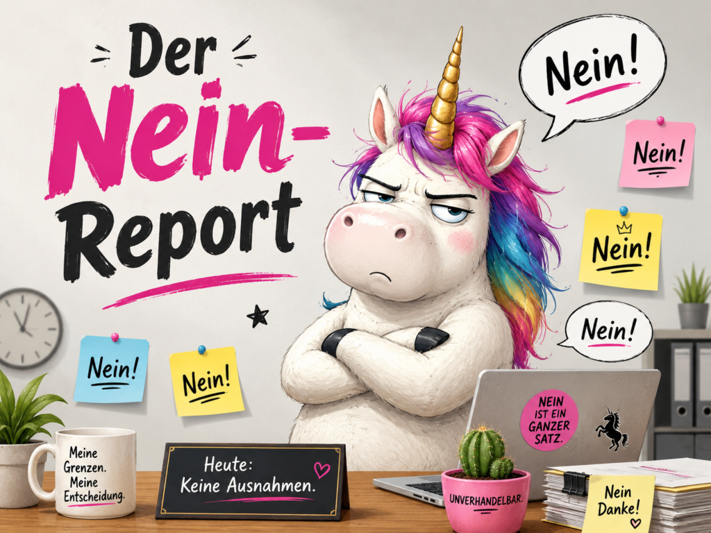 Illustration eines schlecht gelaunten Einhorns mit verschränkten Armen in einem Büro. Links steht groß „Der Nein-Report“, rundherum hängen mehrere Zettel und Sprechblasen mit dem Wort „Nein!“. Nein sagen.