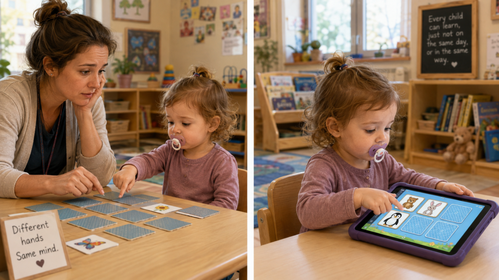 Zweijähriges Mädchen mit Schnuller zeigt bei einem Memoryspiel auf Karten, während es später dasselbe Spiel auf einem Tablet bedient.