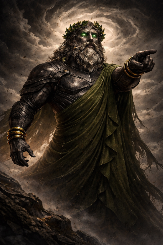 Aeolus, god of the winds in Gods and Heralds, wearing dark armor and a green cloak beneath a stormy sky.