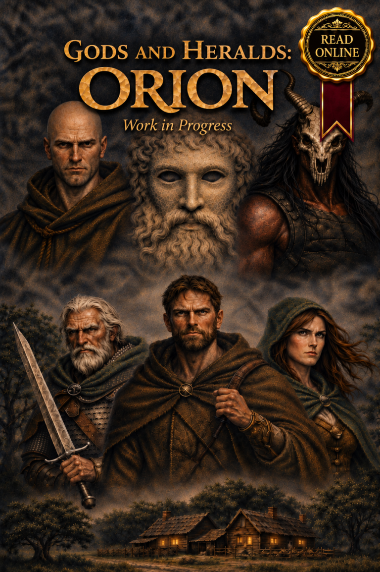 Cover of Gods and Heralds: Orion showing Orion, Lothar and other characters beneath looming gods and dark figures in a dystopian fantasy setting.