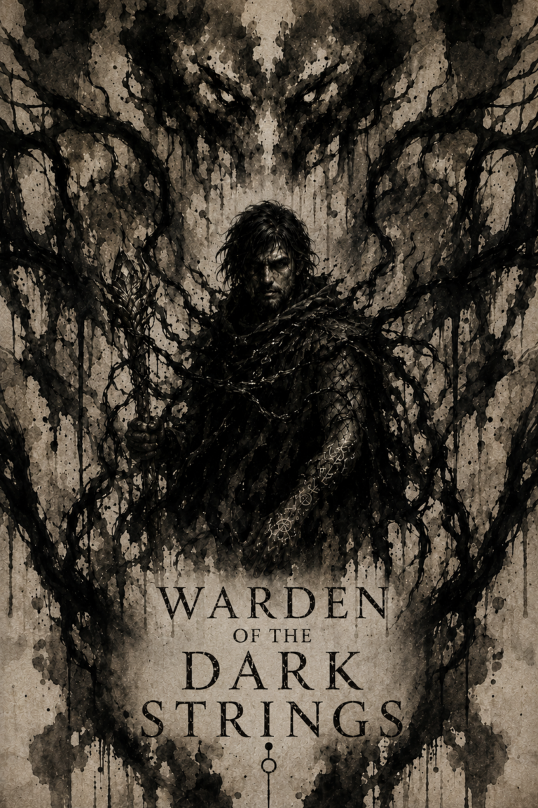 Black-and-white dark fantasy cover showing a mysterious male figure with a staff, surrounded by twisted shadowy branches beneath a looming creature face.