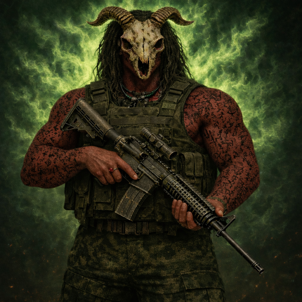 Notos, one of Aeolus' four Anemoi in Gods and Heralds, wearing a horned skull mask and carrying a rifle.