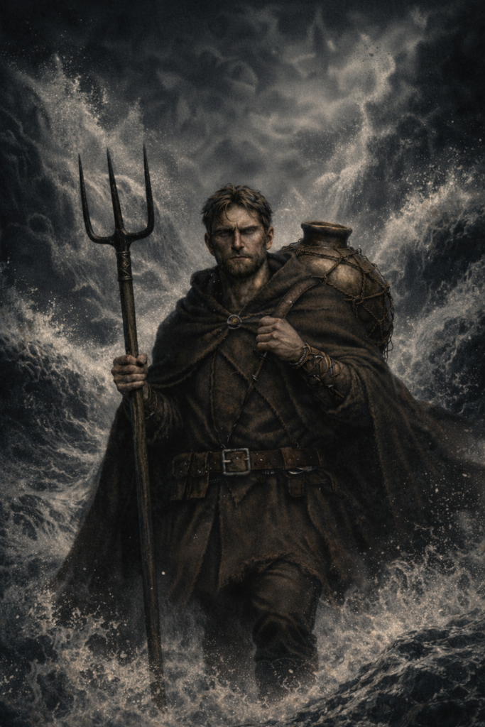 Orion Paragon from Gods and Heralds standing in stormy water with a trident and a large jar.