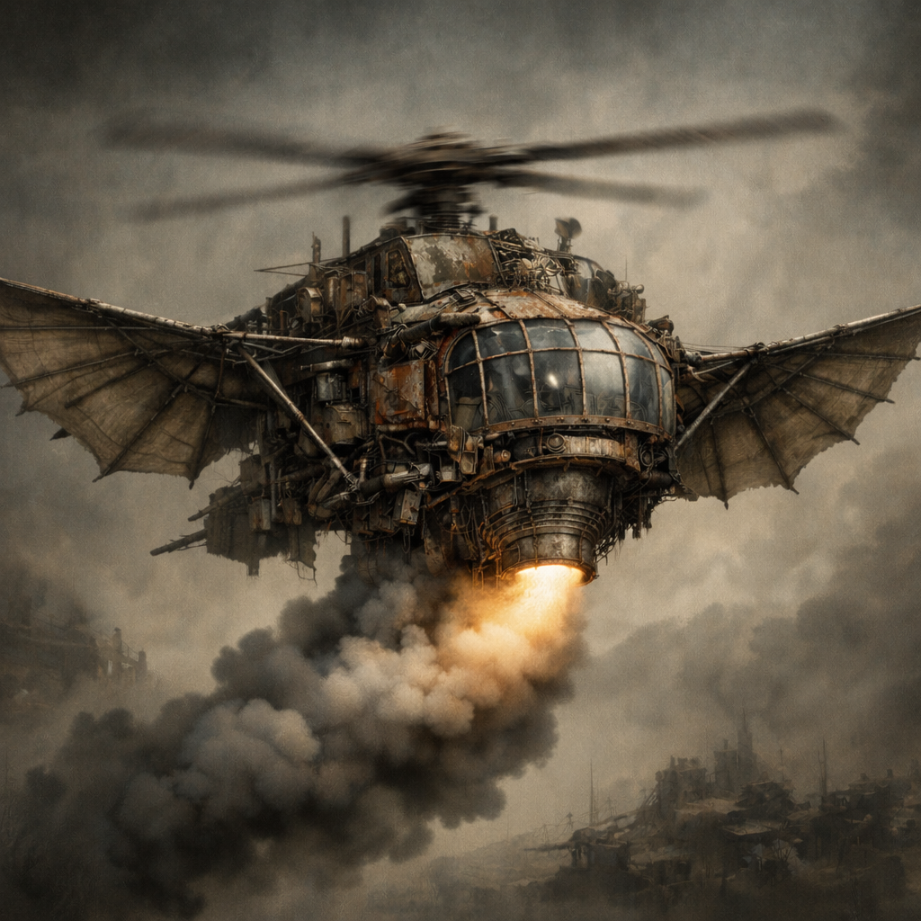 Aeolus' scrap barge from Gods and Heralds, a massive flying machine built from rusted metal, wings and a helicopter rotor.
