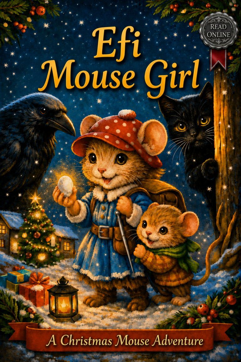 Cover of Efi Mouse Girl showing Efi and her little brother in a snowy Christmas setting, with a crow, a black cat and festive lights around them.
