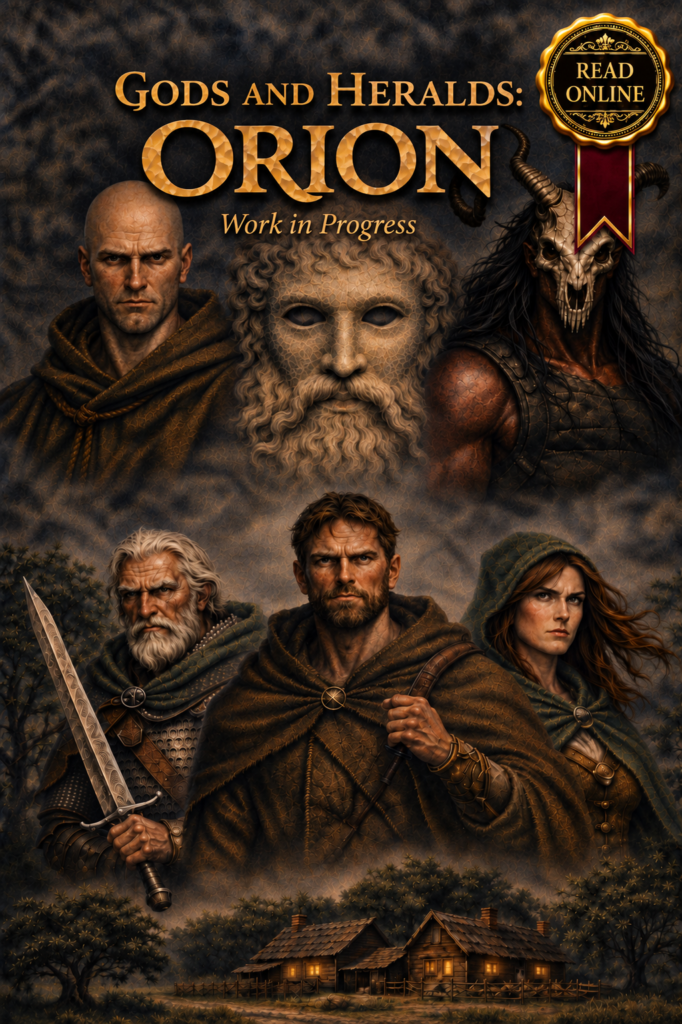 Cover of Gods and Heralds: Orion by Ted Dybaer, showing several dark fantasy characters and a mystical stone face.