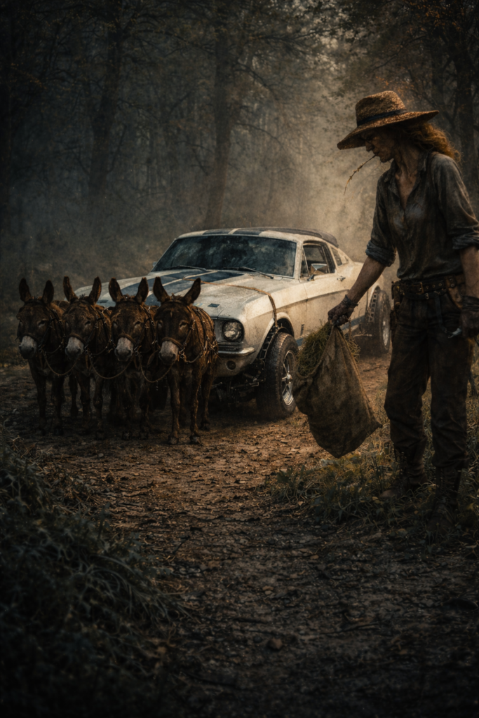 The Mustang Express in Gods and Heralds, a car-drawn travel vehicle moving through a dark forest.