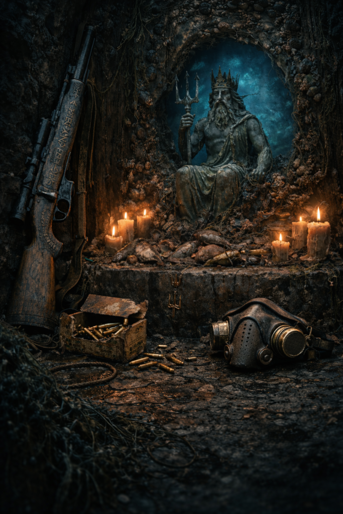 Paragon's altar in Gods and Heralds, showing a statue of Poseidon, Sharpeye sniper rifle and the Anapoi gas mask surrounded by candles.