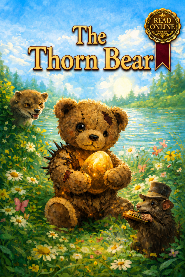Cover of The Thorn Bear showing a worn teddy bear holding a glowing egg beside a lake, surrounded by flowers, with a marten and a rat nearby.