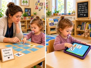 Toddler playing a memory game with a caregiver using physical cards and a tablet
