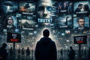 Digital collage about AI, truth, manipulation, and the age of doubt