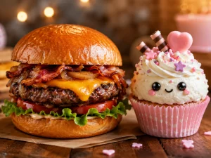 Large bacon cheeseburger beside a sweet cupcake with whipped cream and decorations