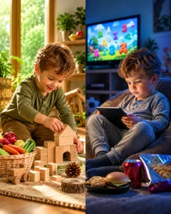 Child development comparison between active play and screen time