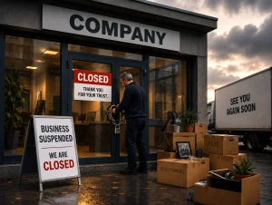Business owner locking the doors of a closed company with moving boxes outside