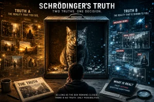 Concept image of Schrödinger’s truth with a cat in a box between two competing realities