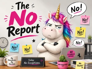 Cartoon unicorn saying no, surrounded by messages about boundaries and self-determination