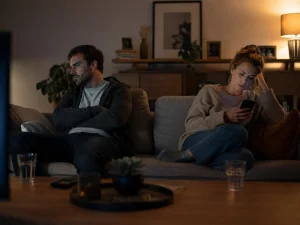 Couple sitting apart on a sofa in an unhappy relationship, avoiding each other